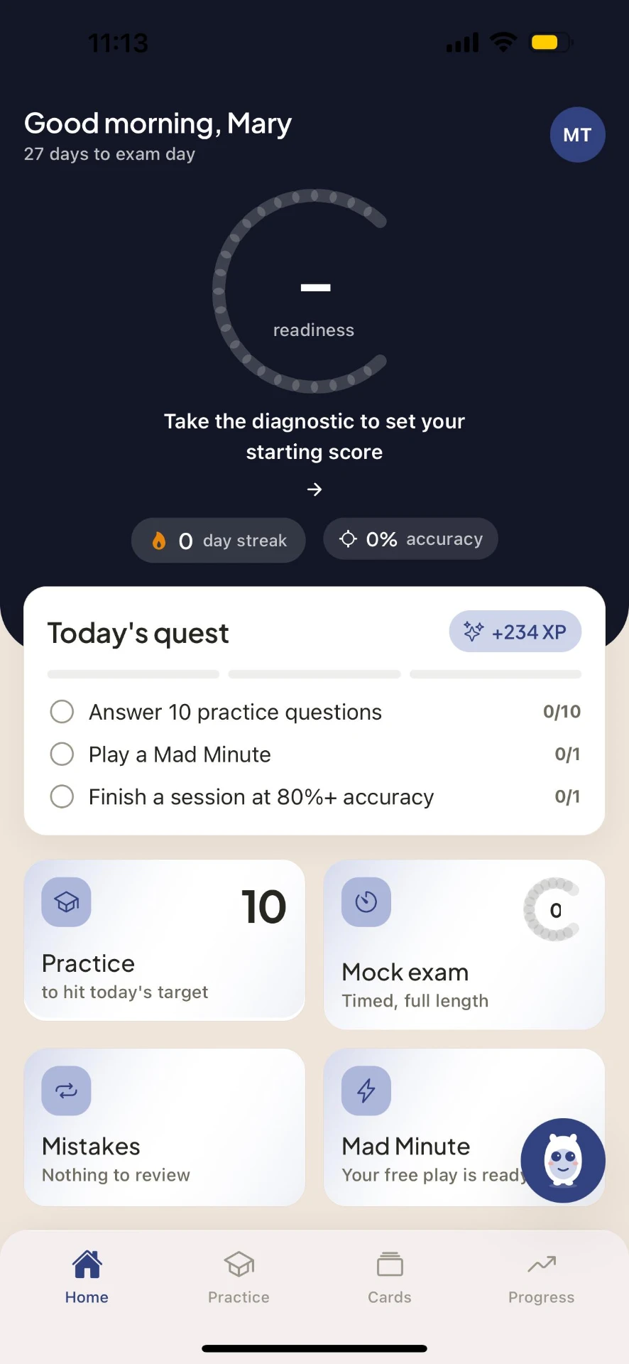 EPPP app home screen with readiness ring and today's quest
