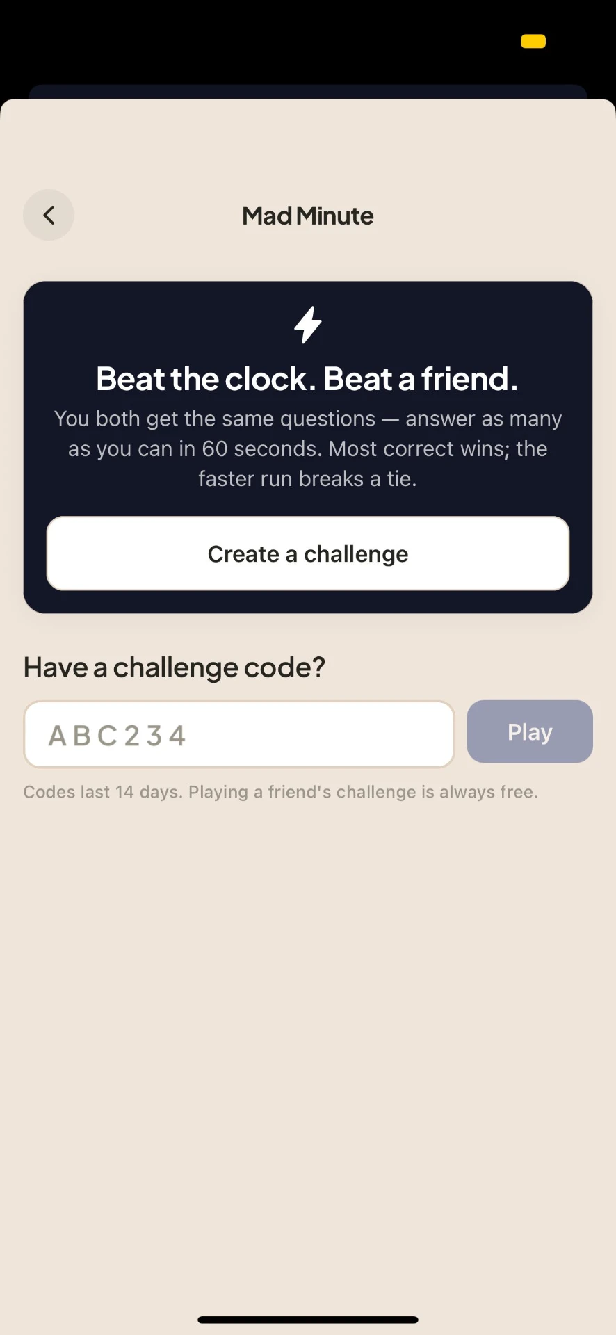 Mad Minute lobby — beat the clock and create a challenge