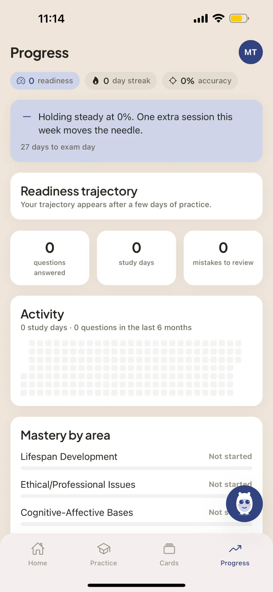 EPPP progress screen with readiness, accuracy trend and activity grid