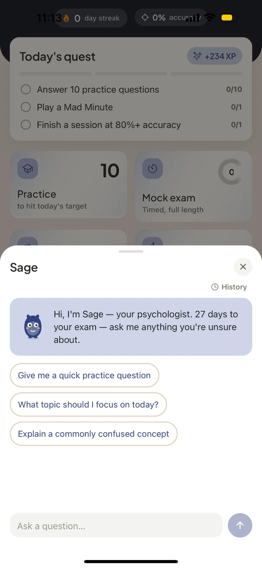 Sage, the personal EPPP tutor, offering suggested questions