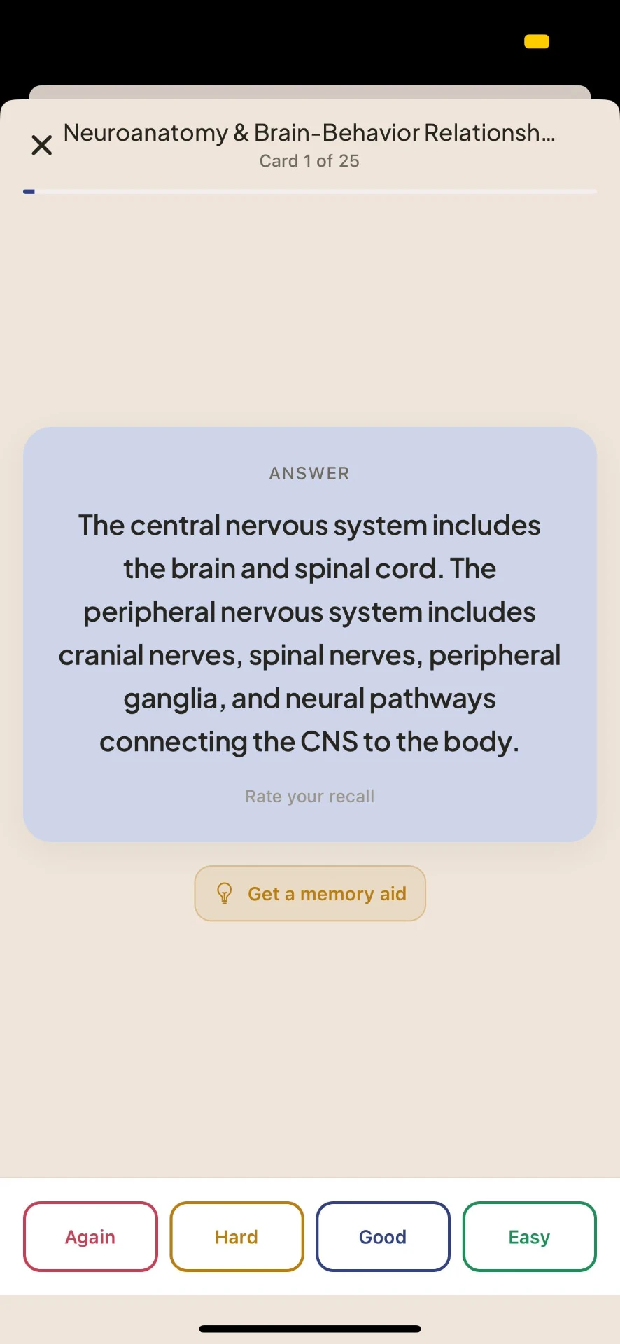 EPPP flashcard answer with a memory aid and recall rating buttons