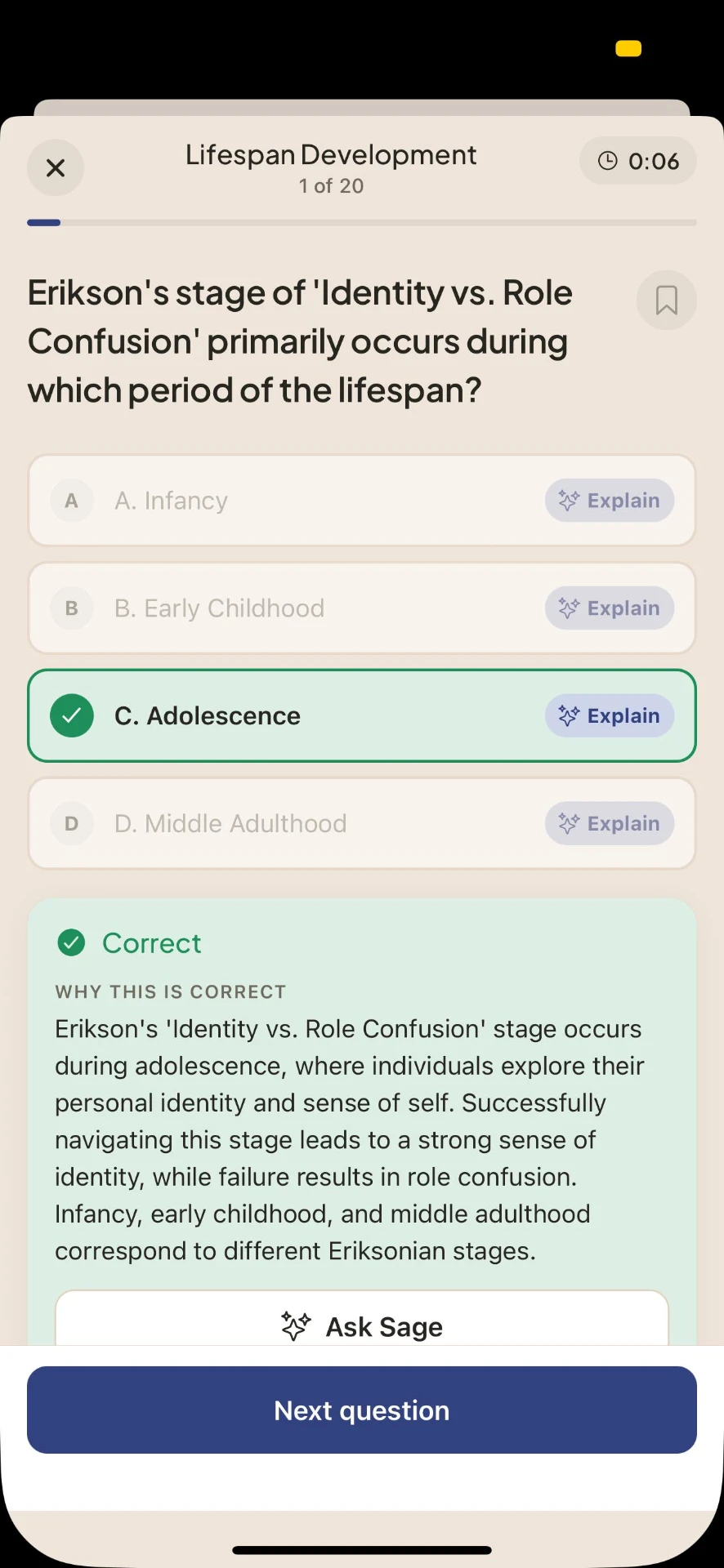 An EPPP question answered, with the explanation open underneath