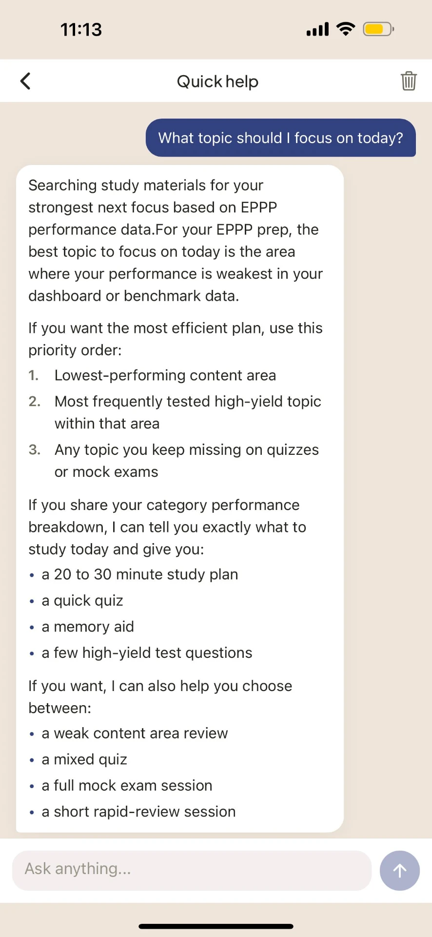 Quick help chat planning an EPPP study session